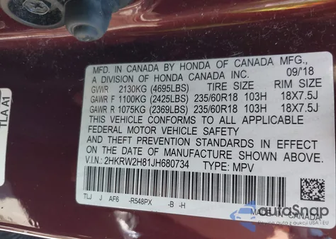 2018 Honda Cr-V Ex-L/Ex-L Navi from USA, damaged, VIN 2HKRW2H81JH680734